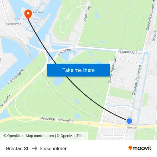Ørestad St. to Sluseholmen map