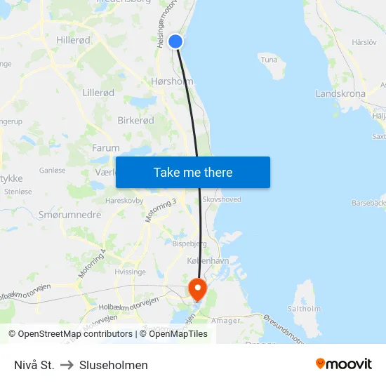 Nivå St. to Sluseholmen map