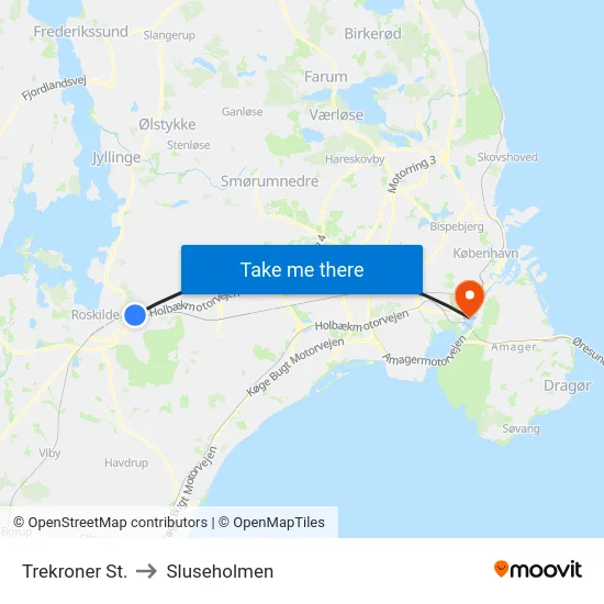 Trekroner St. to Sluseholmen map