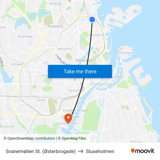 Svanemøllen St. (Østerbrogade) to Sluseholmen map