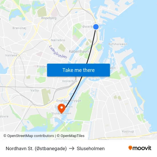Nordhavn St. (Østbanegade) to Sluseholmen map
