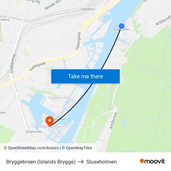 Bryggebroen (Islands Brygge) to Sluseholmen map