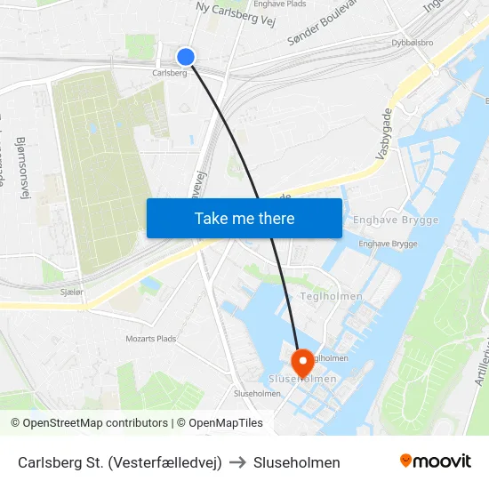 Carlsberg St. (Vesterfælledvej) to Sluseholmen map