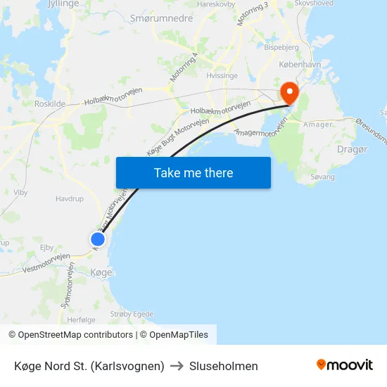 Køge Nord St. (Karlsvognen) to Sluseholmen map
