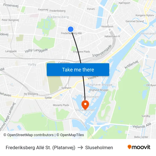 Frederiksberg Allé St. (Platanvej) to Sluseholmen map