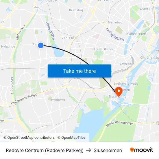 Rødovre Centrum (Rødovre Parkvej) to Sluseholmen map