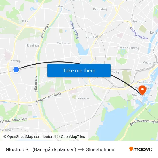Glostrup St. (Banegårdspladsen) to Sluseholmen map