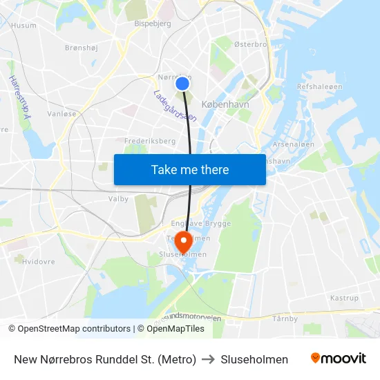 New Nørrebros Runddel St. (Metro) to Sluseholmen map