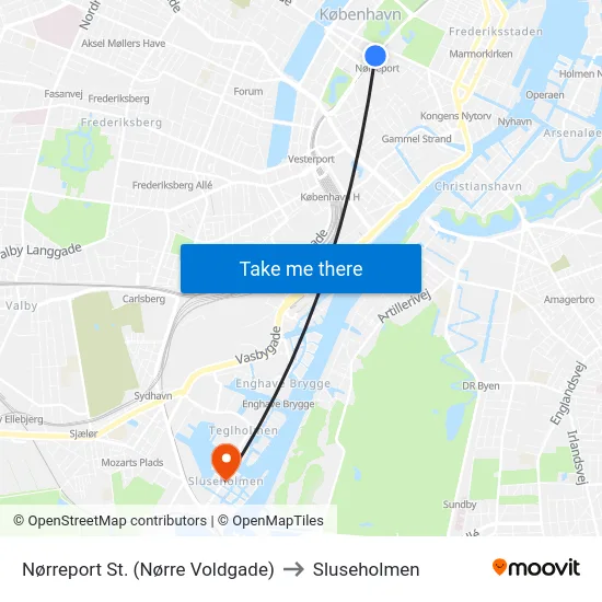 Nørreport St. (Nørre Voldgade) to Sluseholmen map