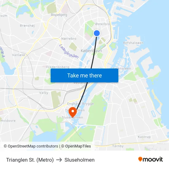 Trianglen St. (Metro) to Sluseholmen map