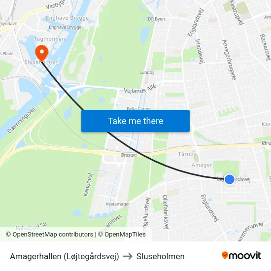 Amagerhallen (Løjtegårdsvej) to Sluseholmen map