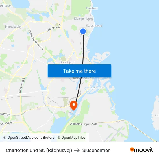 Charlottenlund St. (Rådhusvej) to Sluseholmen map