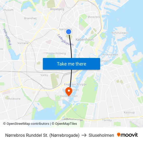 Nørrebros Runddel St. (Nørrebrogade) to Sluseholmen map