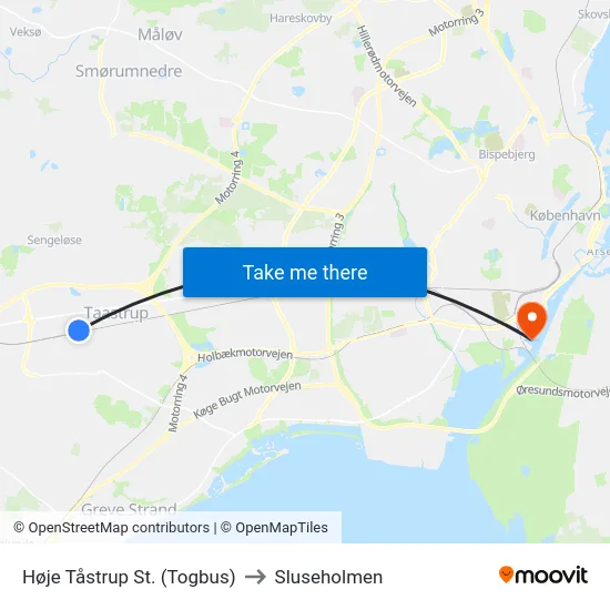 Høje Tåstrup St. (Togbus) to Sluseholmen map