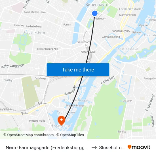 Nørre Farimagsgade (Frederiksborggade) to Sluseholmen map