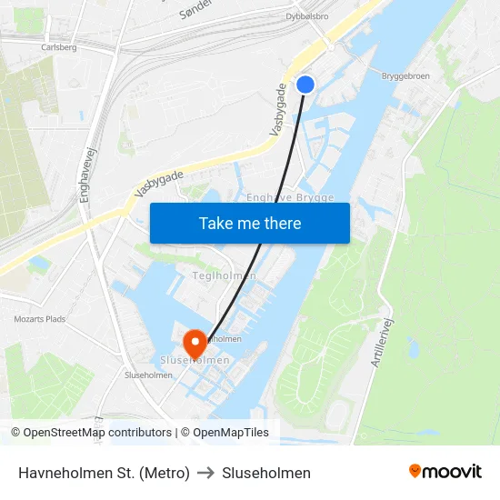 Havneholmen St. (Metro) to Sluseholmen map