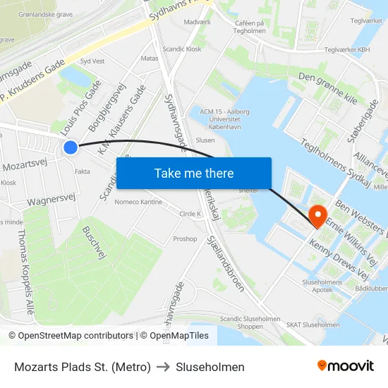 Mozarts Plads St. (Metro) to Sluseholmen map