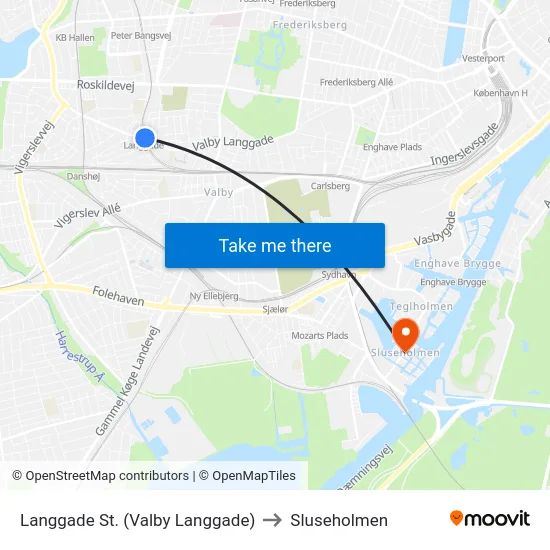 Langgade St. (Valby Langgade) to Sluseholmen map