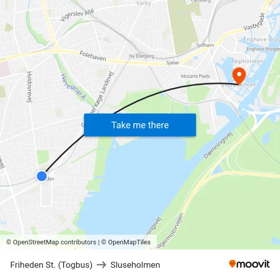 Friheden St. (Togbus) to Sluseholmen map