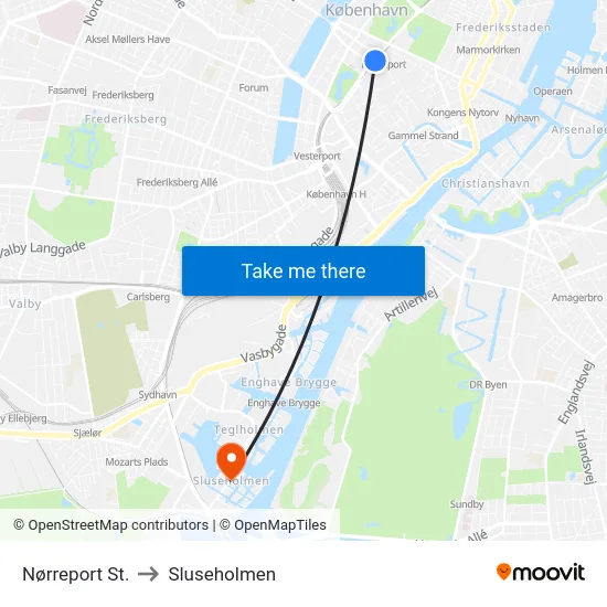 Nørreport St. to Sluseholmen map