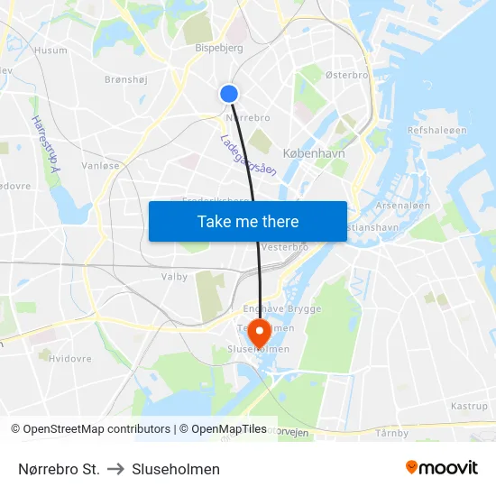 Nørrebro St. to Sluseholmen map