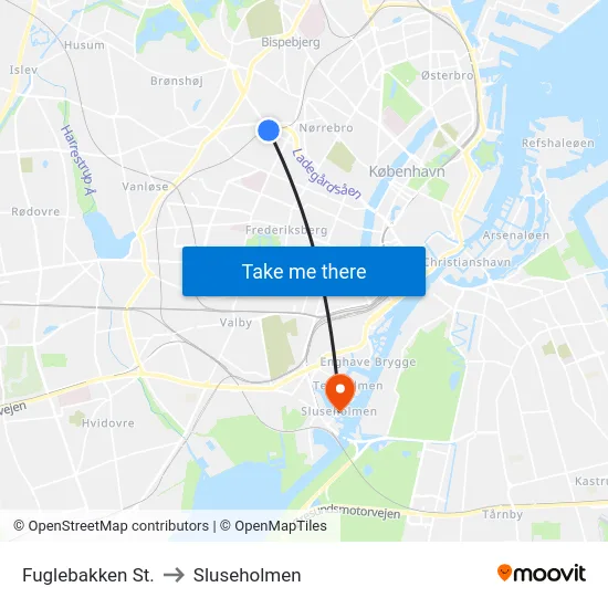 Fuglebakken St. to Sluseholmen map