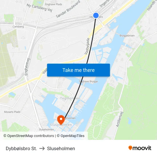 Dybbølsbro St. to Sluseholmen map
