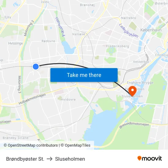 Brøndbyøster St. to Sluseholmen map