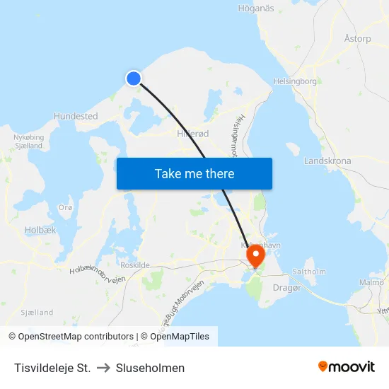 Tisvildeleje St. to Sluseholmen map