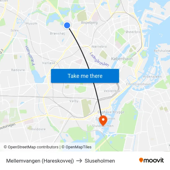 Mellemvangen (Hareskovvej) to Sluseholmen map