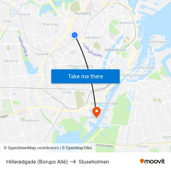 Hillerødgade (Borups Allé) to Sluseholmen map