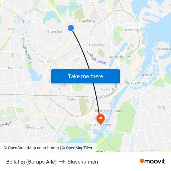 Bellahøj (Borups Allé) to Sluseholmen map
