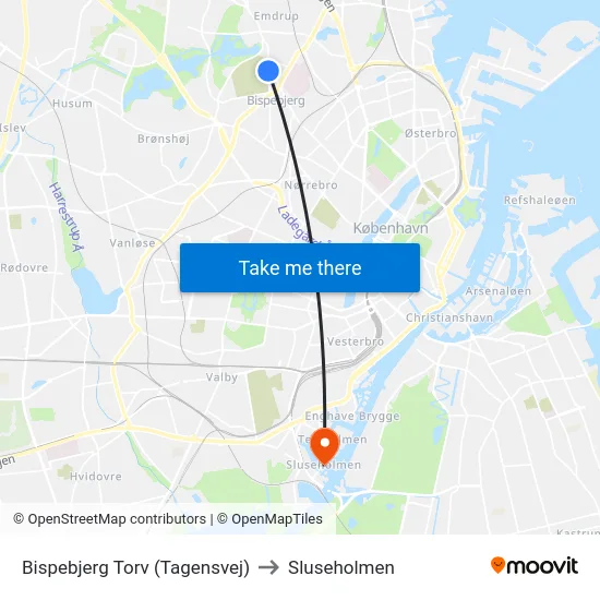 Bispebjerg Torv (Tagensvej) to Sluseholmen map