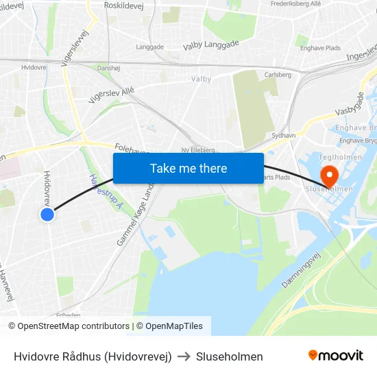 Hvidovre Rådhus (Hvidovrevej) to Sluseholmen map