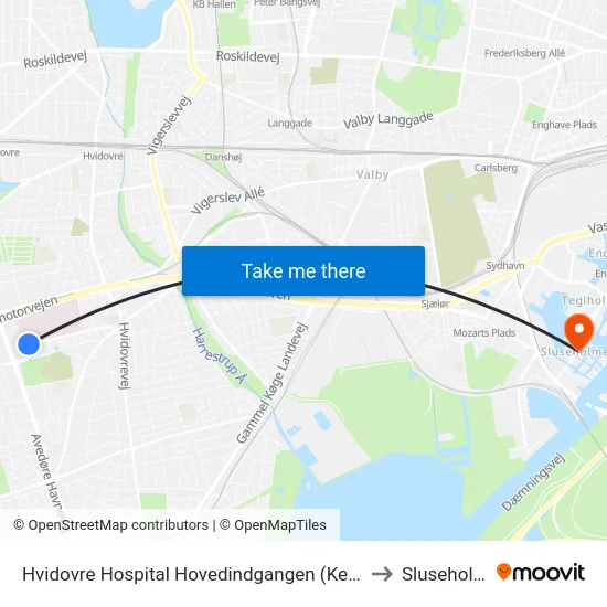 Hvidovre Hospital Hovedindgangen (Kettegård Allé) to Sluseholmen map