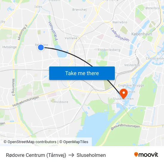 Rødovre Centrum (Tårnvej) to Sluseholmen map