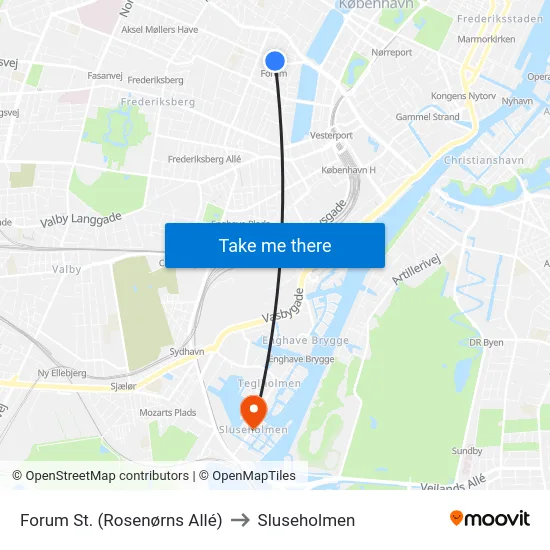 Forum St. (Rosenørns Allé) to Sluseholmen map
