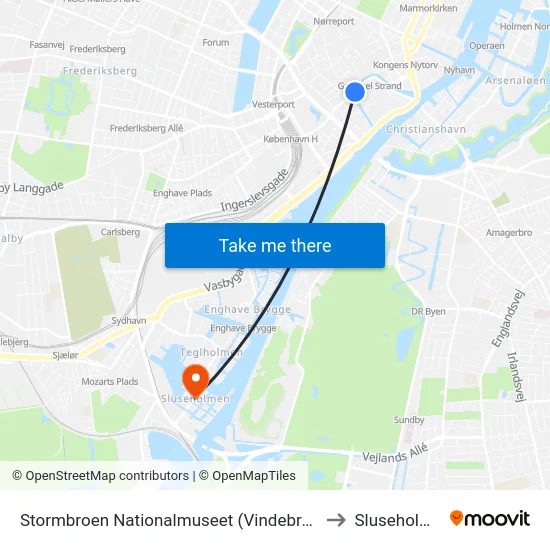 Stormbroen Nationalmuseet (Vindebrogade) to Sluseholmen map