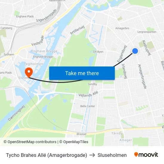 Tycho Brahes Allé (Amagerbrogade) to Sluseholmen map