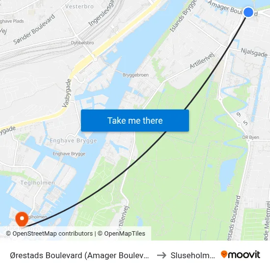 Ørestads Boulevard (Amager Boulevard) to Sluseholmen map