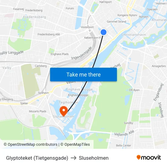 Glyptoteket (Tietgensgade) to Sluseholmen map
