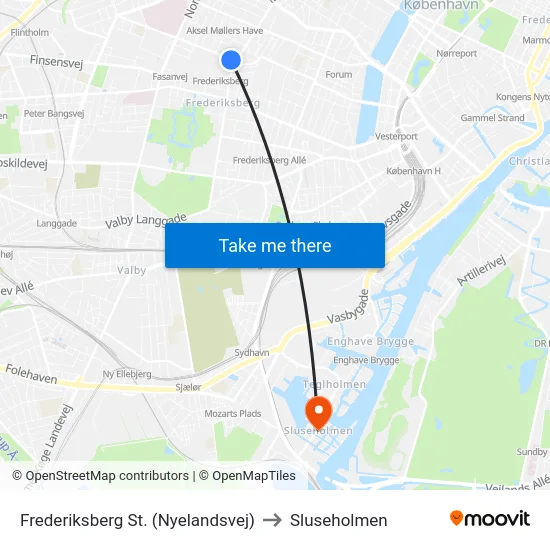 Frederiksberg St. (Nyelandsvej) to Sluseholmen map