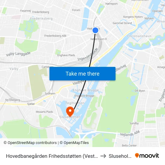 Hovedbanegården Frihedsstøtten (Vesterbrogade) to Sluseholmen map