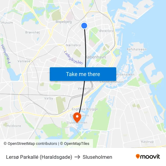 Lersø Parkallé (Haraldsgade) to Sluseholmen map