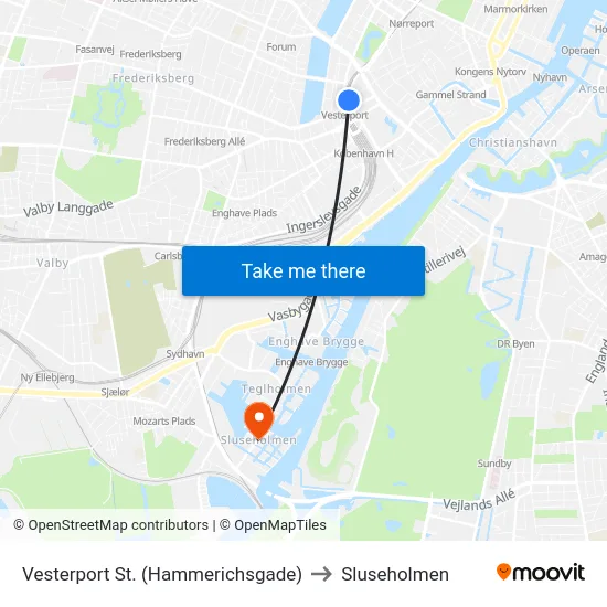 Vesterport St. (Hammerichsgade) to Sluseholmen map