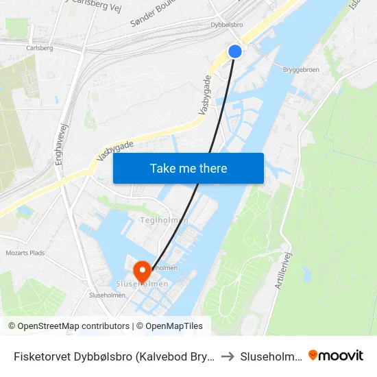 Fisketorvet Dybbølsbro (Kalvebod Brygge) to Sluseholmen map