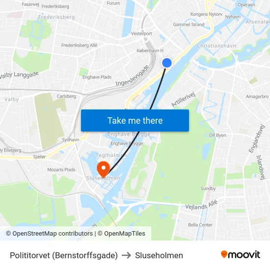 Polititorvet (Bernstorffsgade) to Sluseholmen map