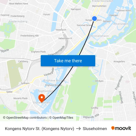 Kongens Nytorv St. (Kongens Nytorv) to Sluseholmen map