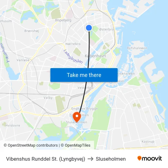 Vibenshus Runddel St. (Lyngbyvej) to Sluseholmen map