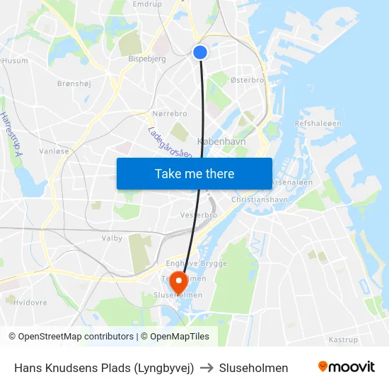 Hans Knudsens Plads (Lyngbyvej) to Sluseholmen map